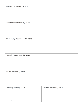 12/28/2026 Weekly Calendar-portrait Calendar