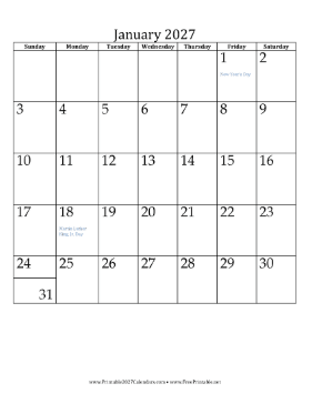 January 2027 Calendar (vertical) Calendar