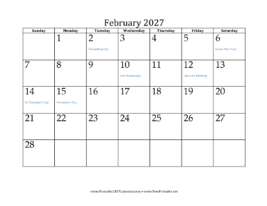 February 2027 Calendar Calendar