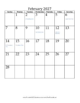 February 2027 Calendar (vertical) Calendar