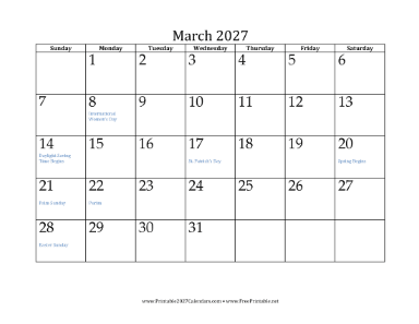 March 2027 Calendar Calendar
