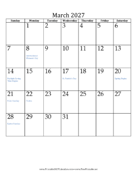 March 2027 Calendar (vertical) Calendar