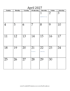 April 2027 Calendar (vertical) Calendar