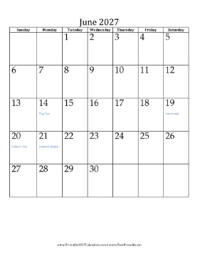 June 2027 Calendar (vertical) Calendar