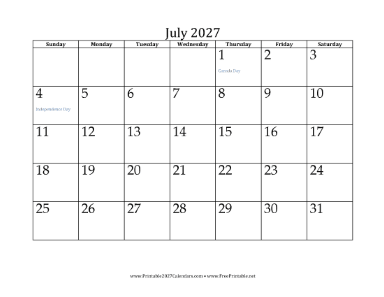 July 2027 Calendar Calendar