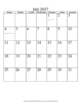 July 2027 Calendar (vertical) Calendar