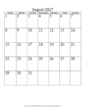 August 2027 Calendar (vertical) Calendar