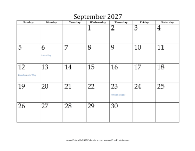 September 2027 Calendar Calendar