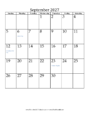 September 2027 Calendar (vertical) Calendar