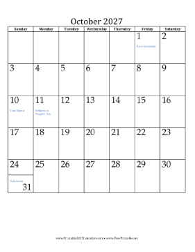 October 2027 Calendar (vertical) Calendar
