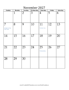 November 2027 Calendar (vertical) Calendar