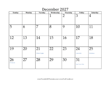 December 2027 Calendar Calendar