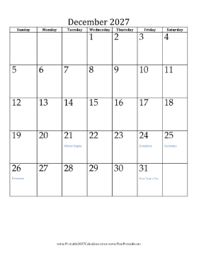 December 2027 Calendar (vertical) Calendar