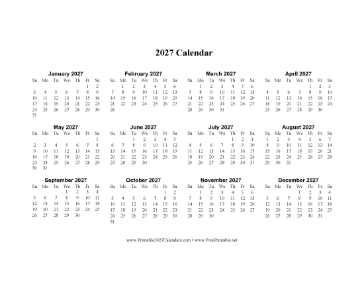 2027 Calendar One Page Horizontal Calendar