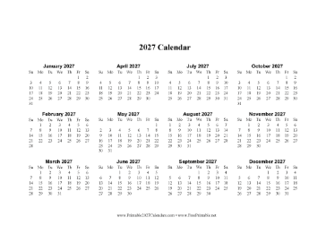 2027 Calendar One Page Horizontal Descending Calendar