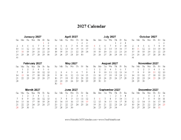 2027 Calendar One Page Horizontal Descending Holidays In Red Calendar