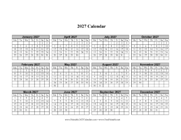 2027 Calendar One Page Horizontal Grid Descending Monday Start Calendar