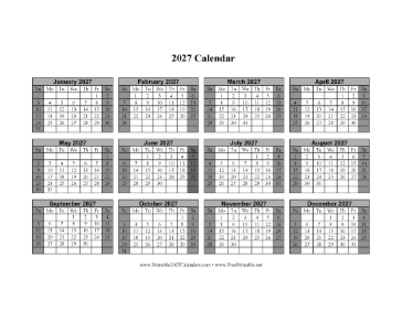 2027 Calendar One Page Horizontal Grid Descending Shaded Weekends Calendar