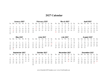 2027 Calendar One Page Horizontal Holidays In Red Calendar