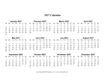 2027 Calendar One Page Large Horizontal Calendar