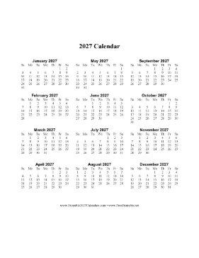 2027 Calendar One Page Vertical Descending Calendar