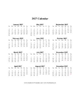 2027 Calendar One Page Vertical Descending Holidays in Red Calendar