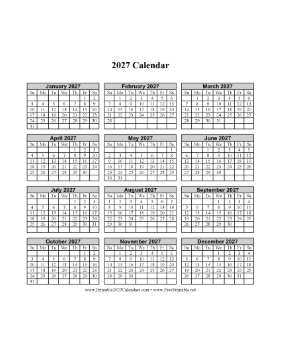 2027 Calendar One Page Vertical Grid Calendar
