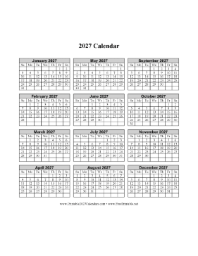 2027 Calendar One Page Vertical Grid Descending Calendar