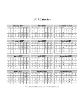 2027 Calendar One Page Vertical Grid Descending Monday Start Calendar