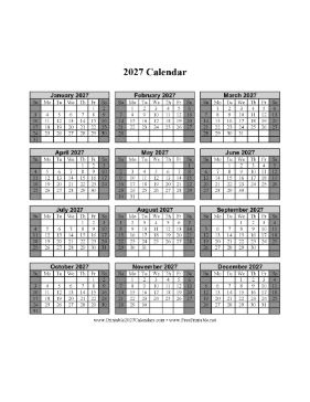 2027 Calendar One Page Vertical Grid Descending Shaded Weekends Calendar