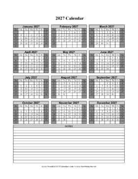 2027 Calendar One Page Vertical Grid Descending Shaded Weekends Notes Calendar