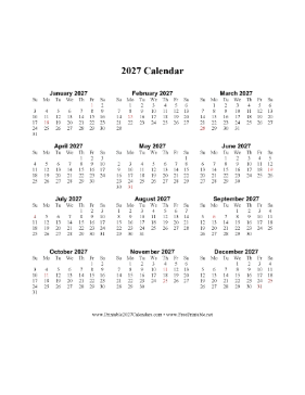 2027 Calendar One Page Vertical Holidays in Red Calendar