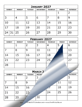 2027 Calendar Three Months Per Page Calendar