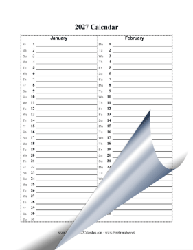 2027 Calendar Vertical List Calendar