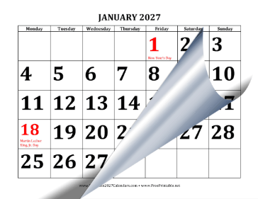 2027 Large Print Calendar with Monday Start Calendar