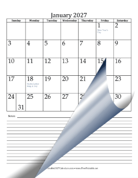 2027 Monthly Calendar with Notes Portrait Calendar