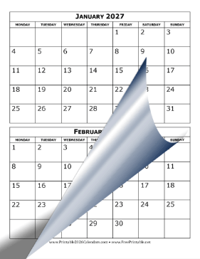 2027 Calendar Two Months per Page Monday Start Calendar
